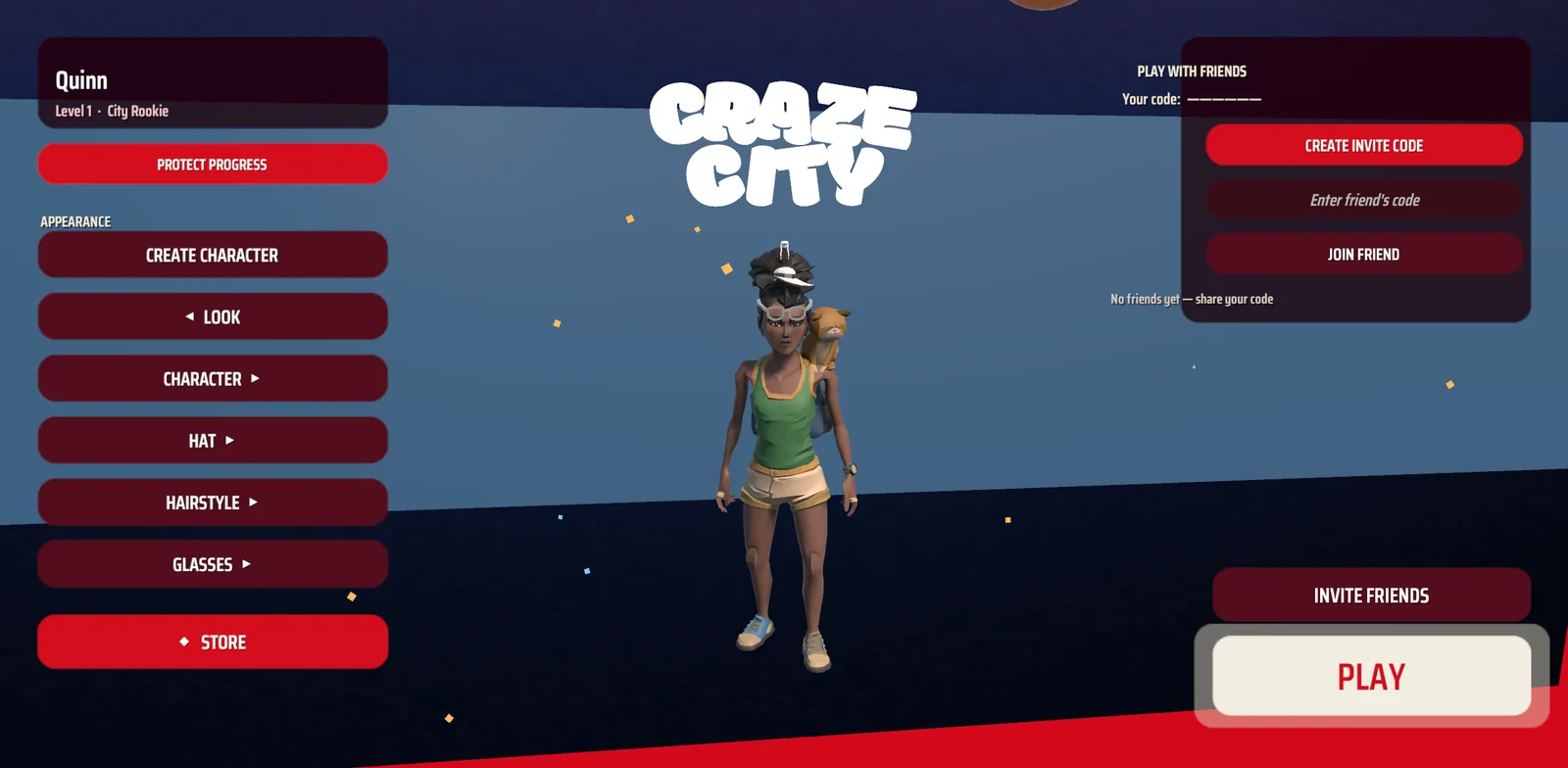 Craze City character creation screen, with clothing, hair and look controls.