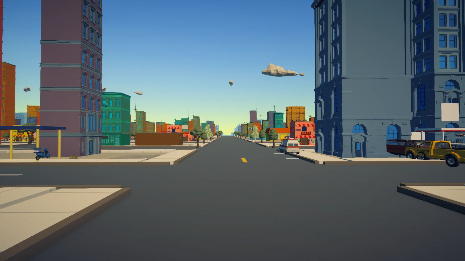 A Craze City boulevard lined with colourful high-rise buildings, palms and parked vehicles.