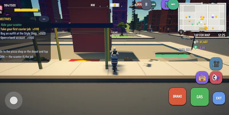 Driving through Craze City with the mobile controls visible.