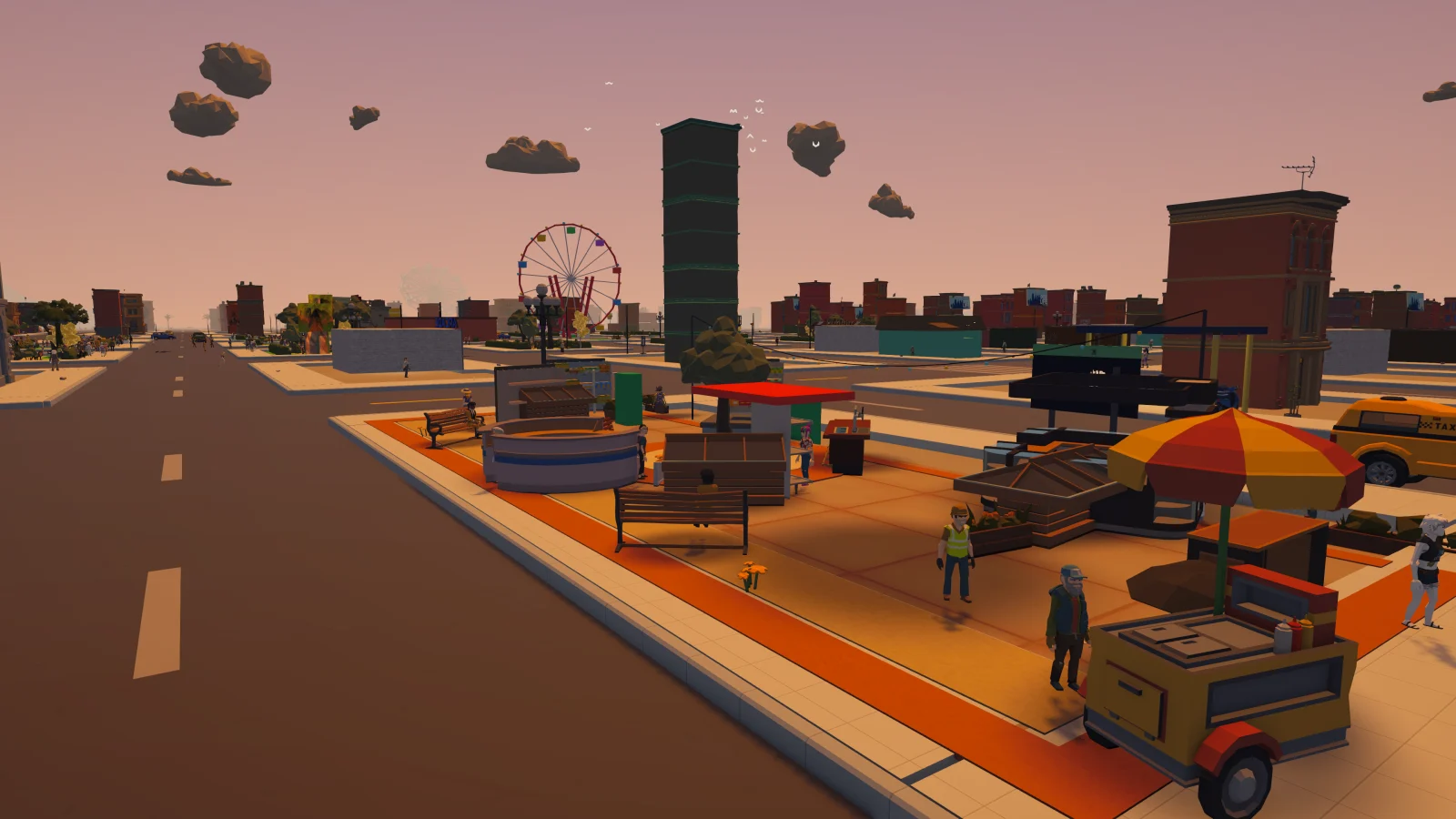 Craze City market square with residents, benches, stalls and a street-food cart in warm light.