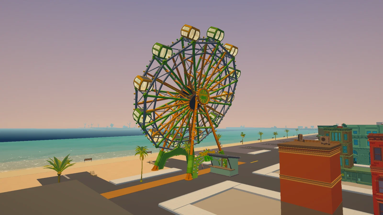 Craze City waterfront with a green Ferris wheel, turquoise sea, sandy beach and palm trees.