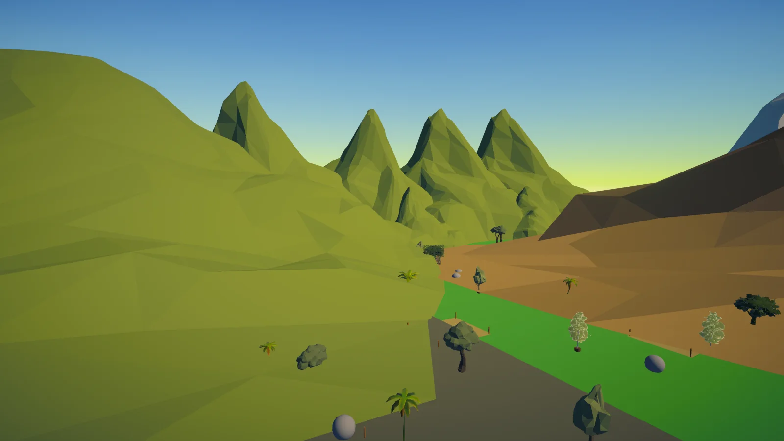 Craze City wilderness: an open green valley with trees and polygonal mountain peaks.
