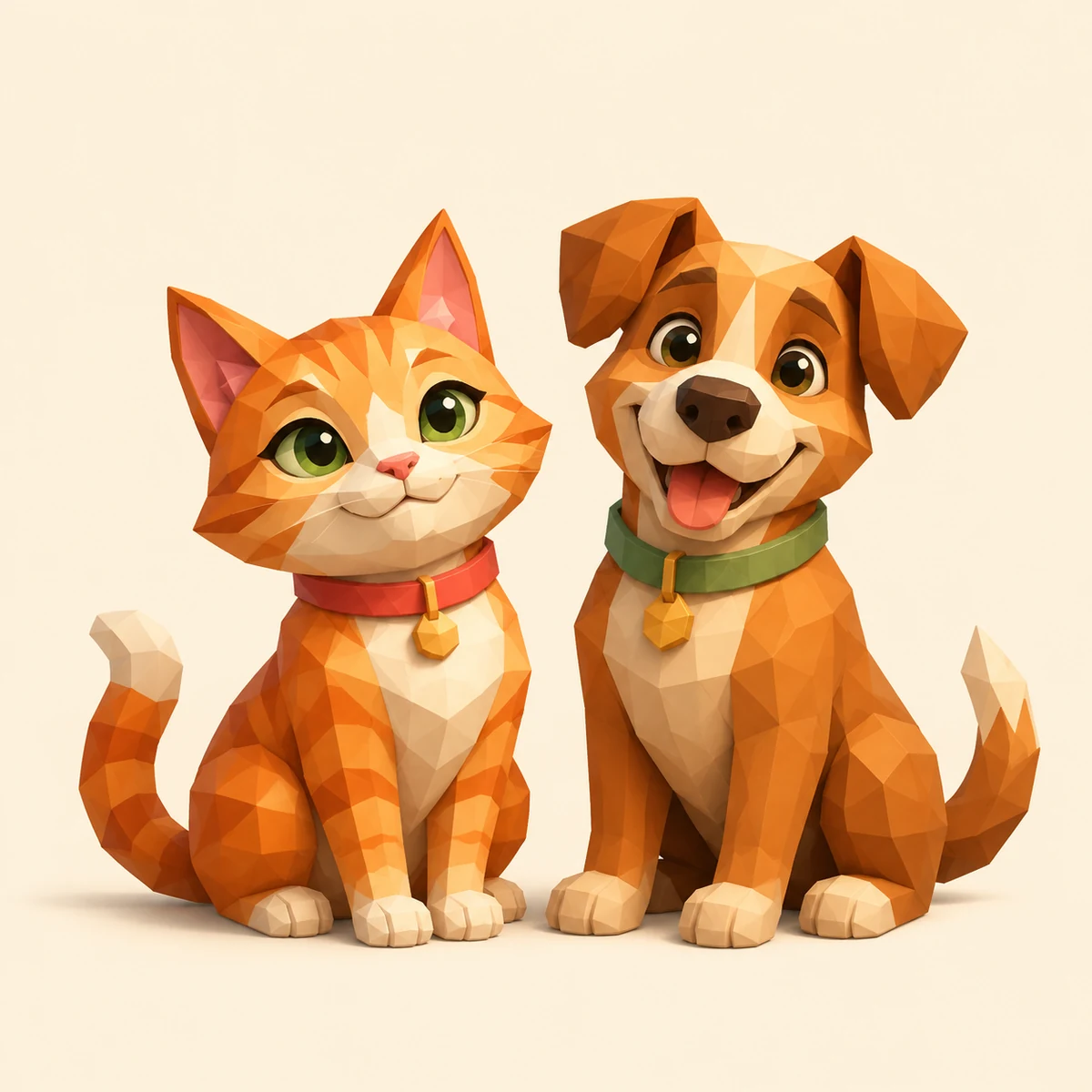Promotional illustration of an orange cat and a cheerful brown dog sitting together.