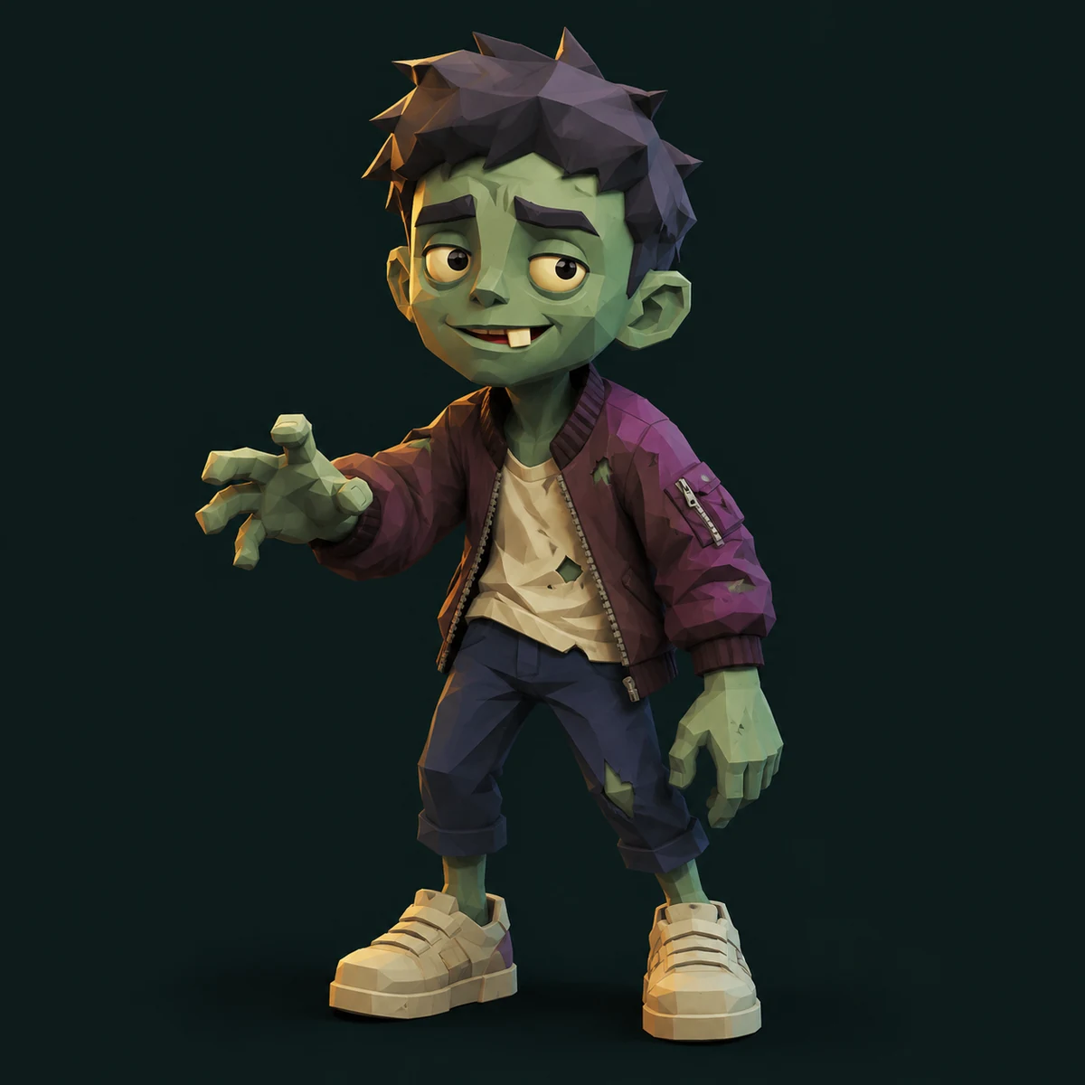 Promotional illustration of a goofy green zombie in a purple jacket and chunky sneakers.